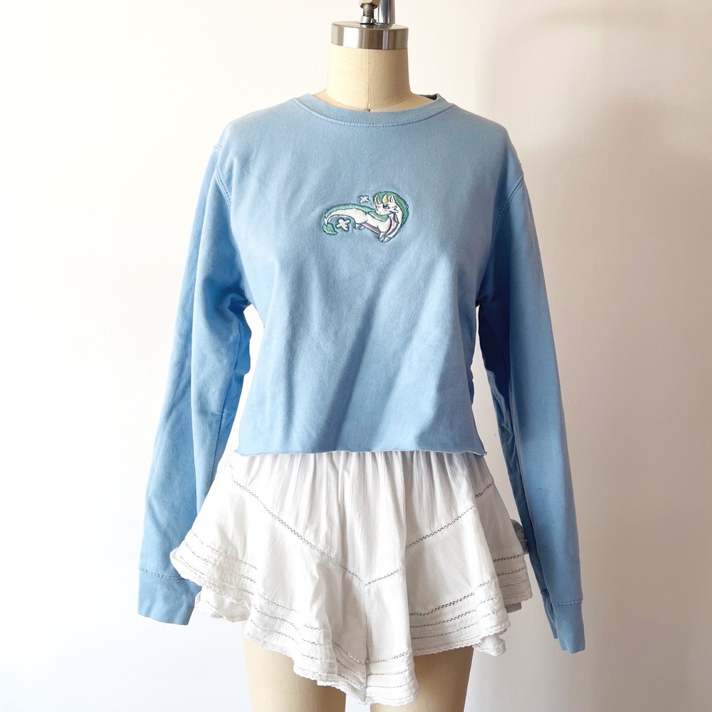 Haku Spirited Away Anime Dragon Embroidered Cropped Sweatshirt Light Blue Small